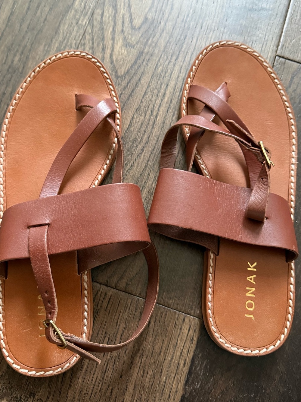 JONAK Brown Leather Crossover Strap Sandals with Buckle